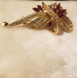Brooch - Gold-tone, Faux Red/White Stones.